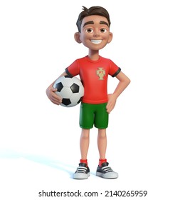 Little boy football player wearing a Portugal national team kit, shirt and shorts. Cartoon character as Portugal soccer team mascot 3d rendering - Powered by Shutterstock