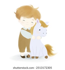 Little Boy Hugging Pony, cartoon flat style, Little Boy Character Tenderly Cares For His Horse, Embrace Of Companionship Amid The Vibrant - Powered by Shutterstock