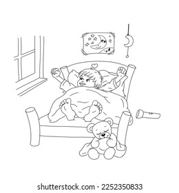 A little boy lies in bed and stretches out his arms. His bare feet stick out from under the covers. He's smiling and just woke up. His lies in front of the bed and is still asleep. Coloring picture - Powered by Shutterstock