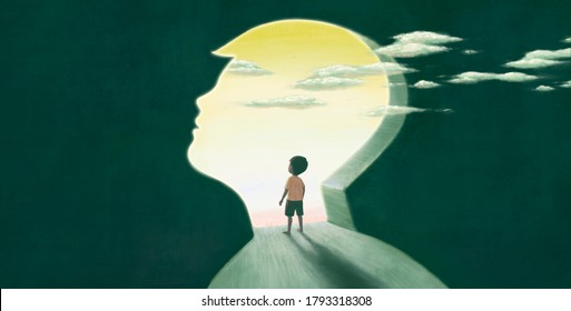 Little Boy Looking At The Sky, Imagination Hope Dream Concept, Child Art, Painting Artwork, Conceptual Illustration