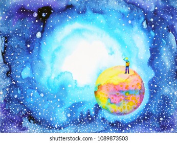 Little Boy On The World In Universe Illustration Watercolor Painting Design Hand Drawn