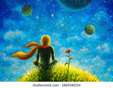 Little boy prince   rose flower beautiful fairy planet  Illustration for children book fairy tales poster