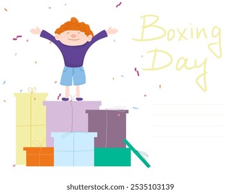 The little boy is smiling and stands on gift boxes. Present for Christmas or Birthday, Boxing Day, New Year. Greeting postcard, illustration for your brand design and packaging. Flat style.  - Powered by Shutterstock