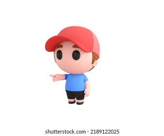 Little Boy Wearing Red Cap Character Pointing Finger To The Left In 3d Rendering.