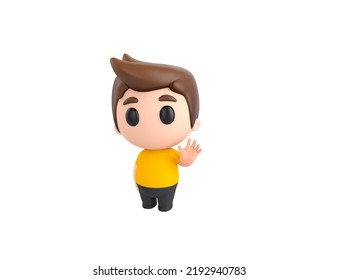 Little Boy Wearing Yellow Shirt Character Saying Hi In 3d Rendering.