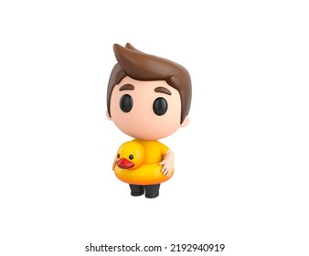 Little Boy Wearing Yellow Shirt Character With Inflatable Duck Ring In 3d Rendering.