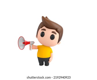 Little Boy Wearing Yellow Shirt Character Speaking In Megaphone In 3d Rendering.