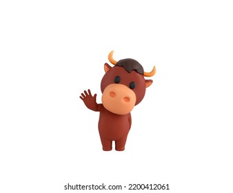 Little Bull Character Raising Right Hand In 3d Rendering.