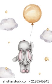 Little bunny and balloon; watercolor hand drawn illustration; with white isolated background
