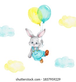 Little bunny flying on colored balloons; watercolor hand draw illustration; can be used for baby shower or kid poster; with white isolated background