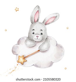 Little bunny with magic wand on cloud; watercolor hand drawn illustration; with white isolated background