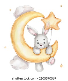 Little bunny on the yellow moon with star; watercolor hand drawn illustration; with white isolated background