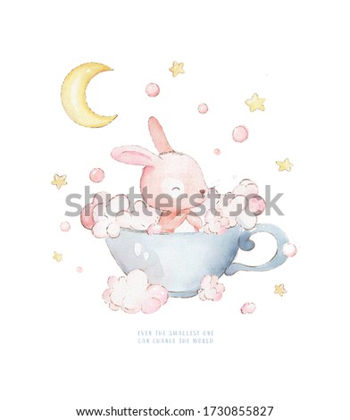 Little Bunny Takes Baths in a Cup. Cute watercolor cartoon hand drawn print can be used for t-shirt print, kids wear fashion design, baby shower invitation card.