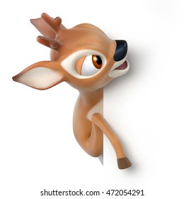little cartoon deer looks out from behind a paper, 3d render