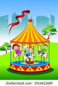 Little Cheerful Children Riding On The Carousel, Illustration