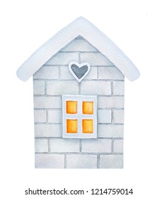 Little cosy house watercolour illustration  Winter time symbol  Hand drawn graphic painting  cutout clip art element for design   holiday decoration  Front view  frosty housetop  warm yellow window 