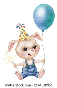 Little cute baby bunny boy sits with balloon and sparkler. watercolor illustration isolated on white background. Perfect for the design of holiday invitations, flyers, posters, children's textiles