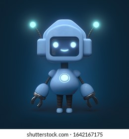 Little cute blue robot with antenna. Friendly kawaii bot with glowing smiling face on the screen. Lovely Robotic Toy. Concept art of funny personal assistant robot. 3d illustration on blue background.