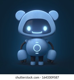Little cute blue robot with bear ears. Friendly kawaii bot with glowing smiling face on the screen. Lovely Robotic Toy. Concept art funny personal assistant robot. 3d illustration on blue background.