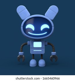 Little cute blue robot with ears. Friendly kawaii bot with glowing smiling face on the screen. Lovely Robotic Toy. Concept art of funny personal assistant robot. 3d illustration on blue background.