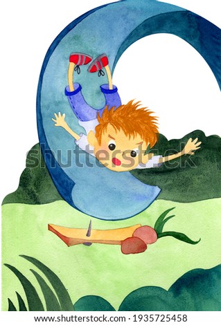 A little cute boy falls from a slide which he was rolling alone on a nail. Watercolor illustrations for postcards, banner, books isolated on white background.