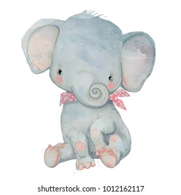 Little Cute Cartoon Pocket Elephant - Watercolor Illustration