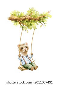 Little Cute Ferret Animal In Overalls Rides On Rope Swing Isolated On White Background. Watercolor Hand Drawn Illustration Sketch