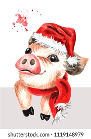 Little cute funny teacup mini pig in the Christmas cap. Watercolor hand drawn illustration  isolated on white background - Shutterstock ID 1119148979
