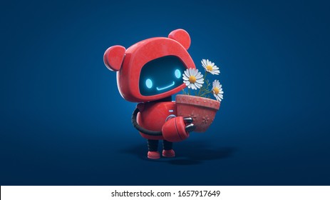 Little cute red robot with bear ears holds a clay pot with chamomile. Concept art friendly kawaii bot with glowing smiling face on the screen. Nature lover robot. 3d illustration on blue background.