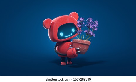 Little cute red robot with bear ears holds a clay pot with lavender. Concept art friendly kawaii bot with glowing smiling face on the screen. Nature lover robot. 3d illustration on blue background.