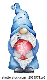 Little Cute Winter Gnome With Red Christmas Ornament. Hand Drawn Watercolor  Child Illustration. Printable Art.