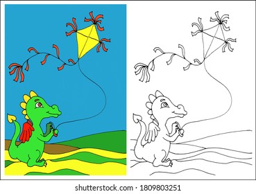 Little Dragon Flying A Kite Coloring Page