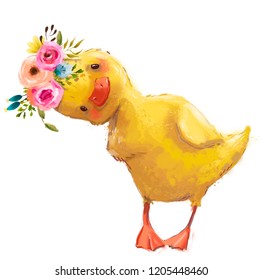little duckling with a floral wreath