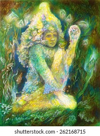 Little elven fairy spirit sitting in grass  beautiful colorful painting radiant elven creature   energy lights