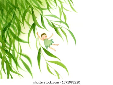 A little fairy boy hanging from a willow branch