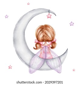 Little fairy girl sitting on grey moon; watercolor hand drawn illustration; with white isolated - Powered by Shutterstock