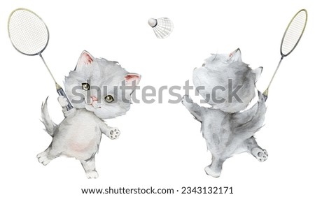 Little fluffy grey kitten badminton player holding racket watercolor illustration. White background, isolated. pet cat cartoon for kids, posters, stickers, textile, sports