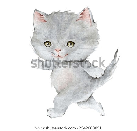 Little fluffy grey kitten watercolor illustration. Scottish fold isolated on white background. Spotted cat. pet cat cartoon for kids, posters, stickers, textile.