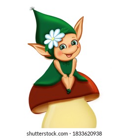 Little forest elf - the spirit of the forest in a green dress sits on a mushroom on a white background for baby products and illustrations