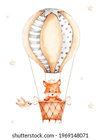 Little Fox With Crown Flying In Air Balloon; Watercolor Hand Drawn Illustration; Can Be Used For Kid Poster Or Cards; With White Isolated Background