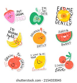 Little Fruits And Quotes. Happy Phrases For Stickers Poster Apple Strawberry  Peach Banana Orange Watermelon Pomegranate Lemon Cherry Kids Illustrations Cutie Frutti Collection