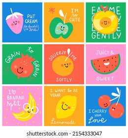 Little Fruits And Quotes. Happy Phrases For Stickers Poster Apple Strawberry  Peach Banana Orange Watermelon Pomegranate Lemon Cherry Kids Illustrations Cutie Frutti Collection