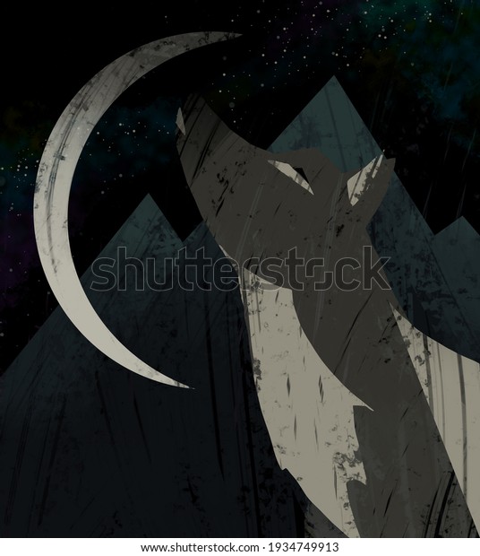 Little geometric illustration with\
howling to the moon Wolf on night mountains\
background.