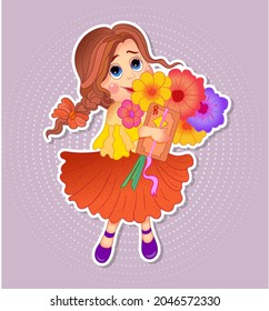 Little Girl With A Bouquet Of Flowers. Cartoon Drawing.  Can Be Used To Print Books, Magazines, Stickers, Magnets, Postcards And Collages For Web Design. Childrens Illustration.