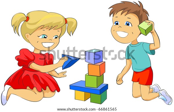 Little Girl Boy Playing Toy Blocks Stock Illustration 66861565