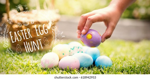 Little Girl Collecting Easter Eggs Against Easter Egg Hunt Logo Against White Background