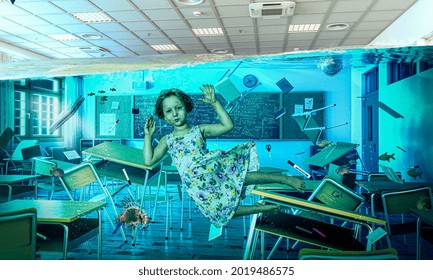 Little Girl Floating Under Water In A Flooded Classroom. Concept Of Difficulty In Education.