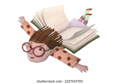 A little girl flying with a book wing. Concept idea of education, child, kid, freedom and imagination. Cartoon character design isolated on a white background. watercolor and drawing.  - Powered by Shutterstock