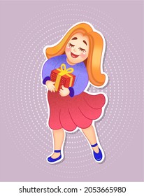 Little Girl With A Gift.. Cartoon Drawing. . Can Be Used To Print Books, Magazines, Stickers, Magnets, Postcards And Collages For Web Design. Childrens Illustration.