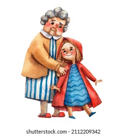 Little girl with grandma. Cute fairy tale characters. Little red ridding hood. Grandmother with granddaughter card. Family portrait. Cartoon characters. Family embrace. Watercolor illustration. - Powered by Shutterstock